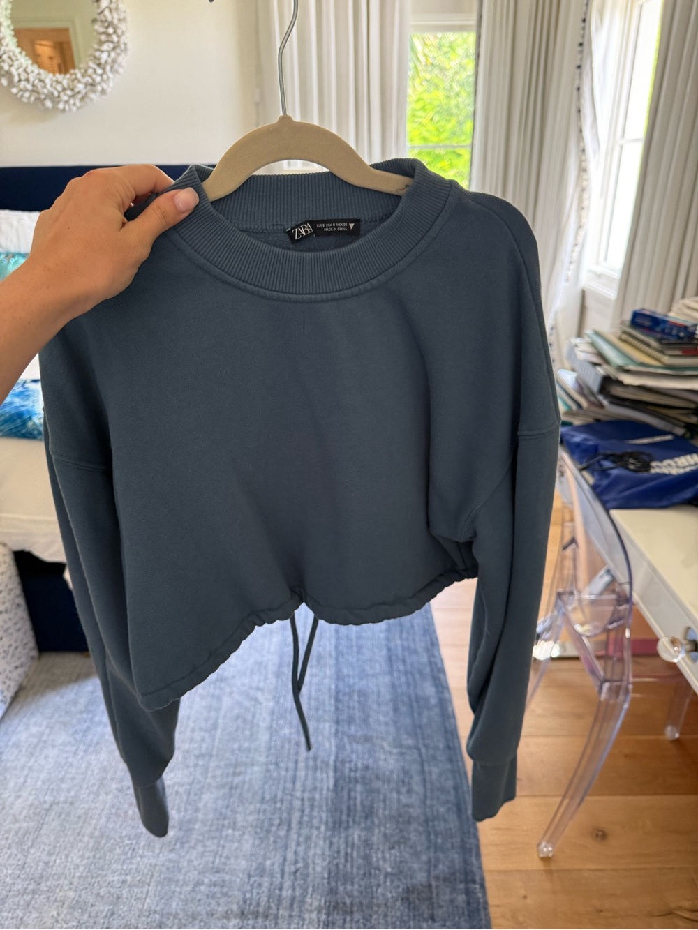 ZARA Cropped Crewneck Sweatshirt in Deep Teal